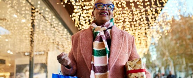 A woman conducts her Christmas shopping.